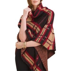 Chico’s Sequined Plaid Cowlneck Poncho Red, Black & Tan Size S/M